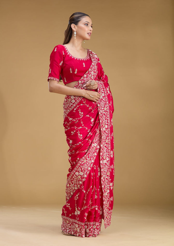 Rani Pink Aariwork Satin Saree
