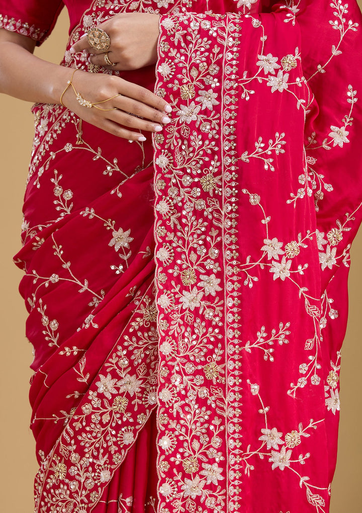 Rani Pink Aariwork Satin Saree