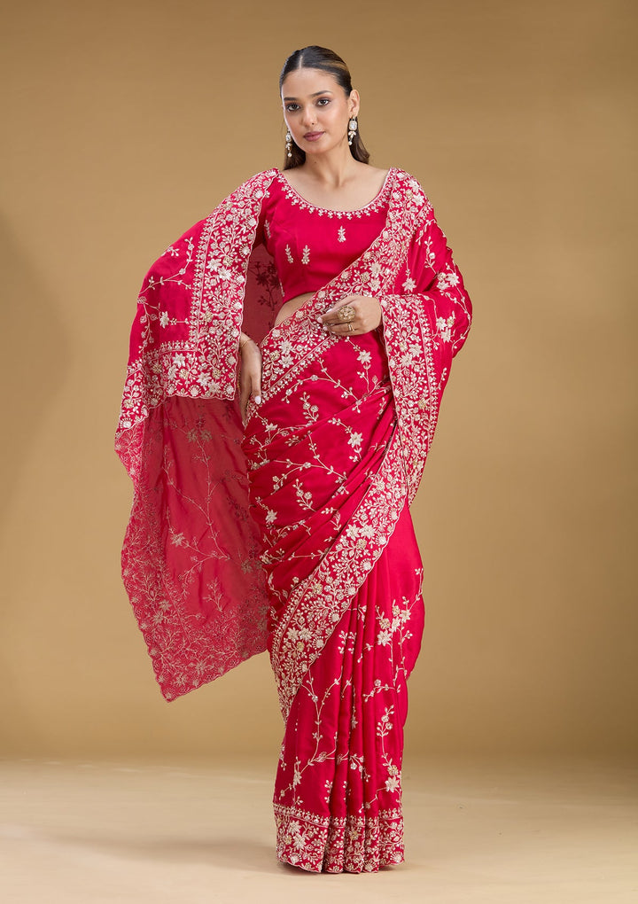 Rani Pink Aariwork Satin Saree