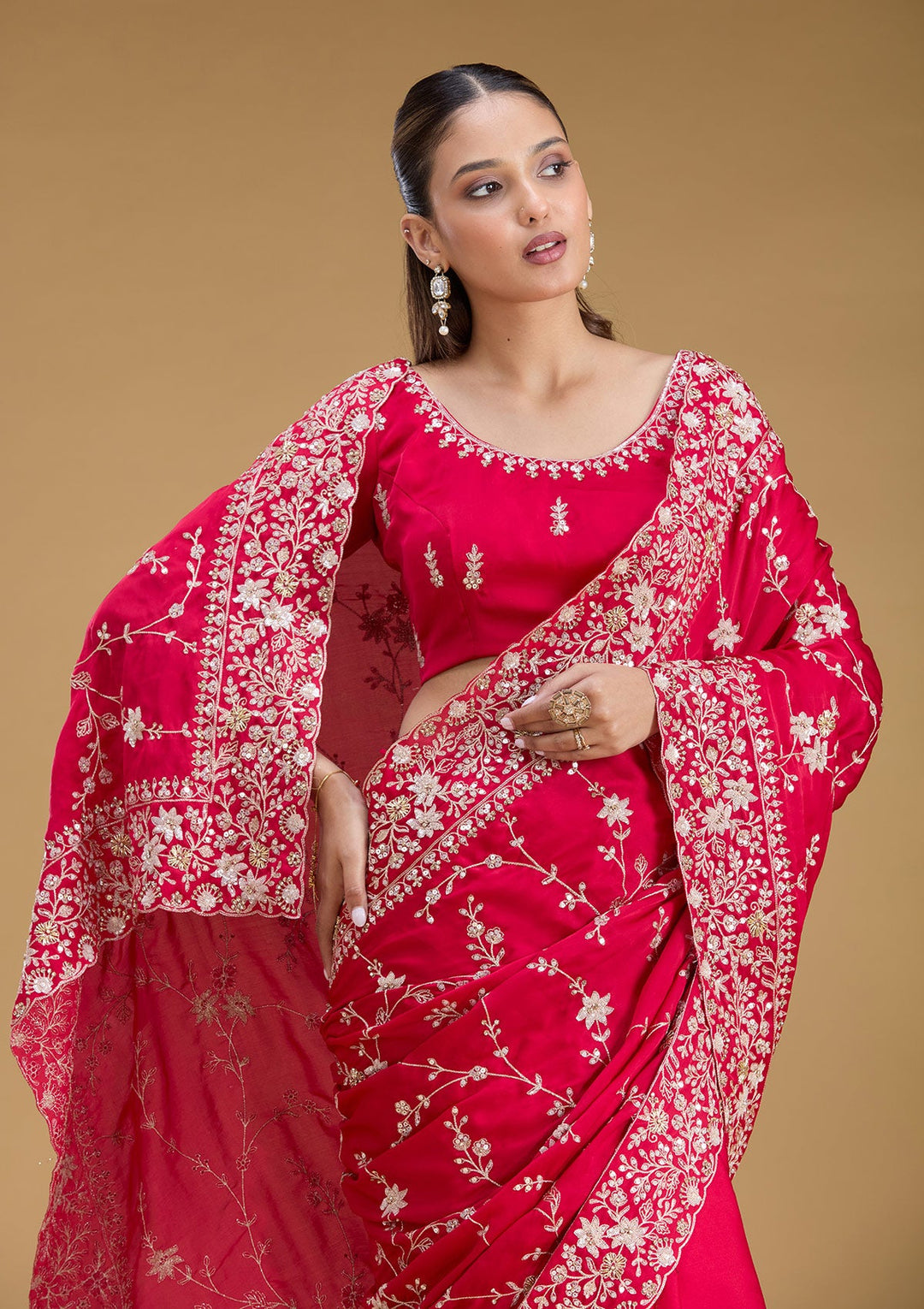 Rani Pink Aariwork Satin Saree