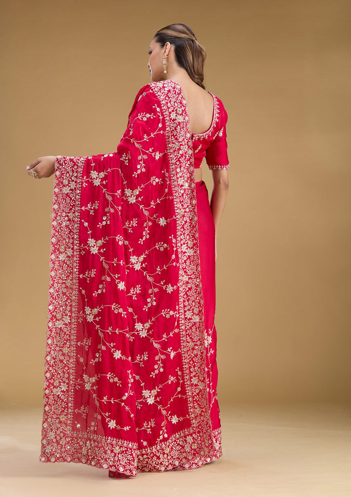 Rani Pink Aariwork Satin Saree