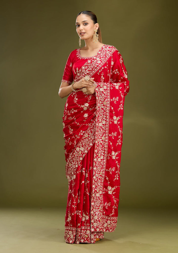 Red Aariwork Satin Saree