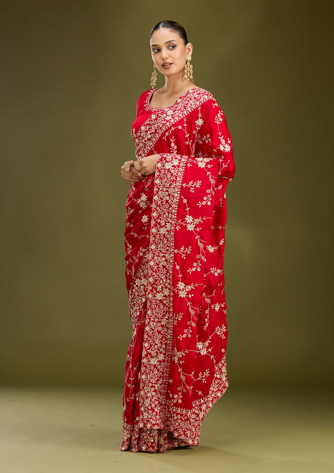 Red Aariwork Satin Saree