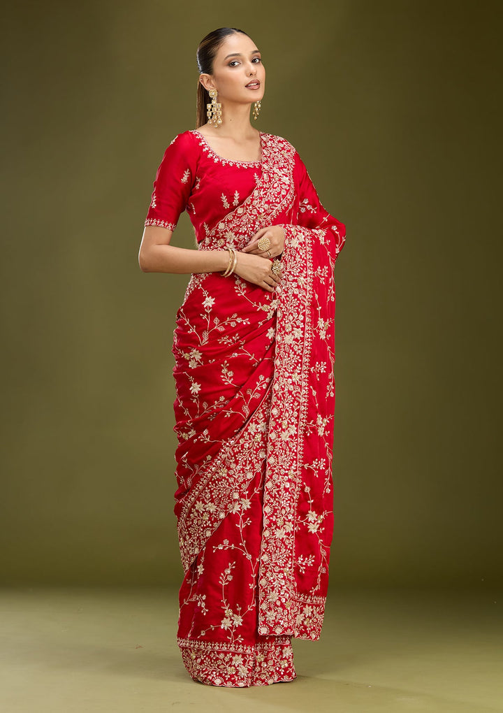 Red Aariwork Satin Saree