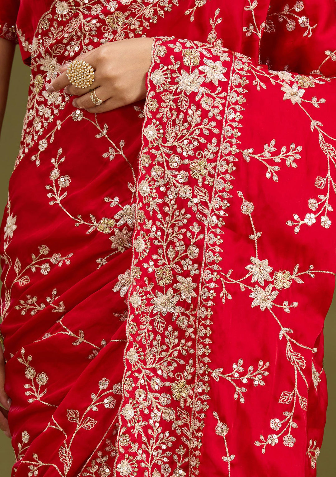 Red Aariwork Satin Saree