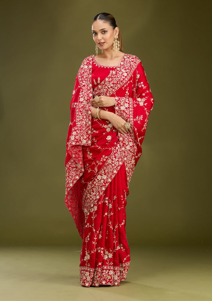 Red Aariwork Satin Saree