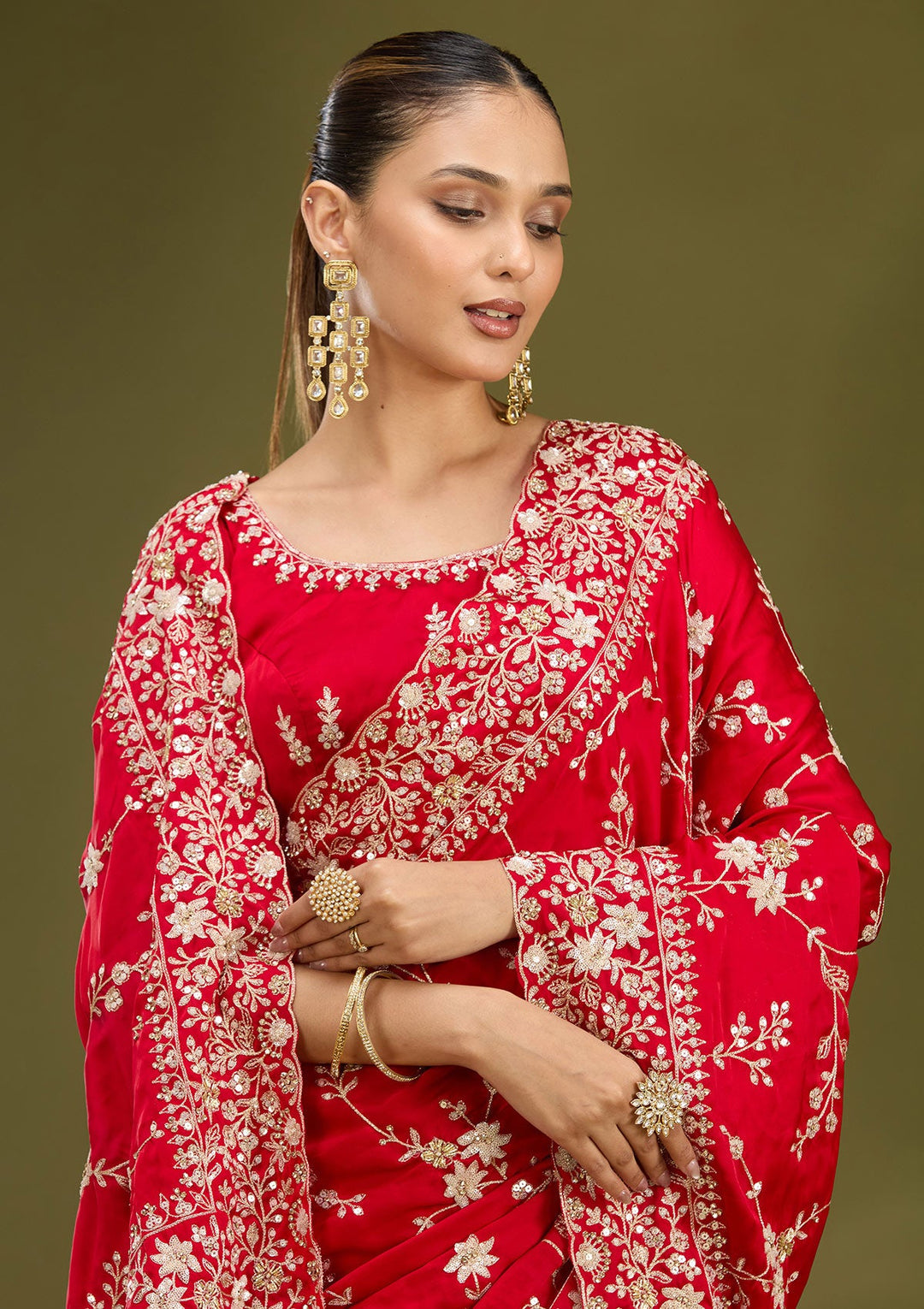 Red Aariwork Satin Saree