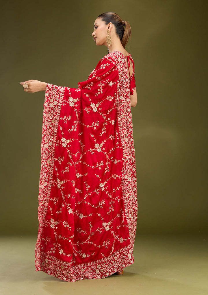 Red Aariwork Satin Saree