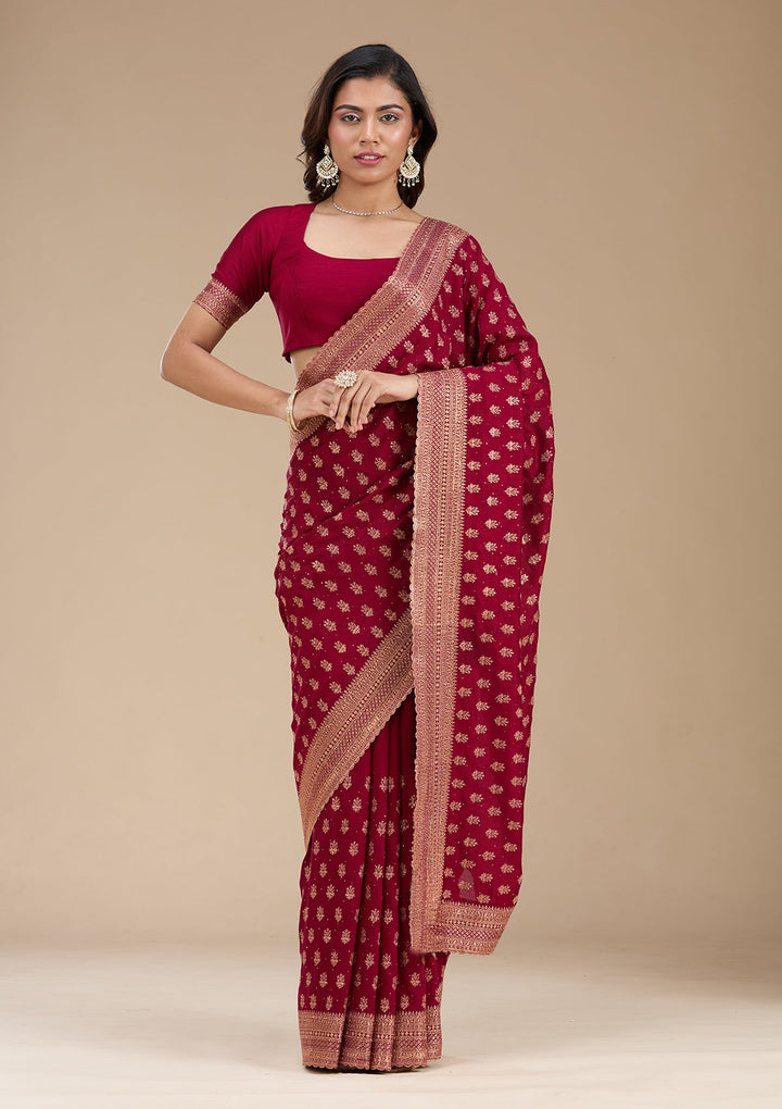 Maroon Zariwork (Antique) Soft Raw Silk Saree_koskii