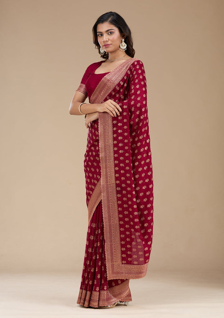 Maroon Zariwork (Antique) Soft Raw Silk Saree_koskii