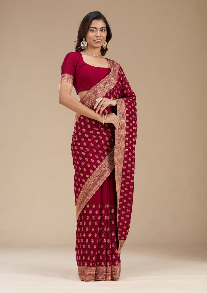 Maroon Zariwork (Antique) Soft Raw Silk Saree_koskii