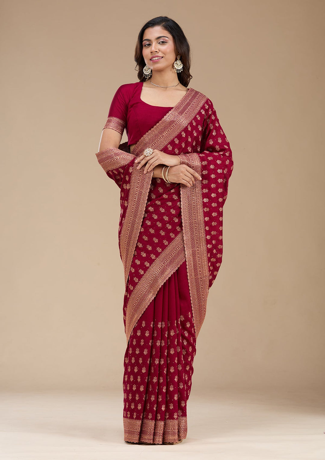Maroon Zariwork (Antique) Soft Raw Silk Saree_koskii