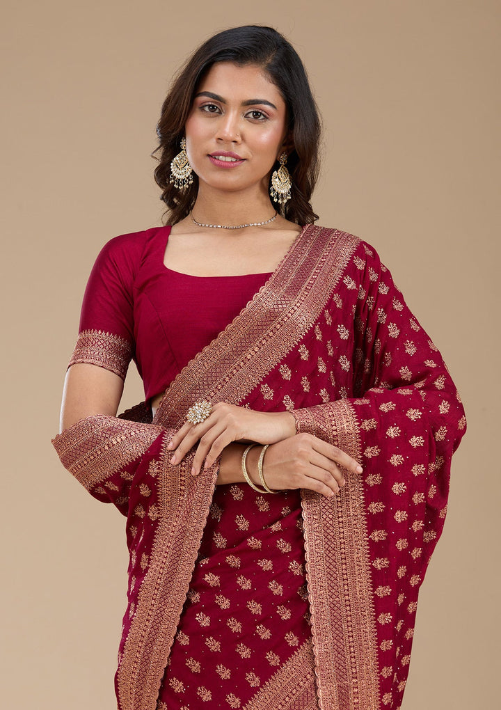 Maroon Zariwork (Antique) Soft Raw Silk Saree_koskii