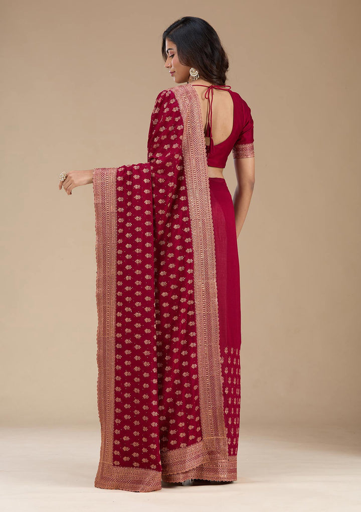 Maroon Zariwork (Antique) Soft Raw Silk Saree_koskii