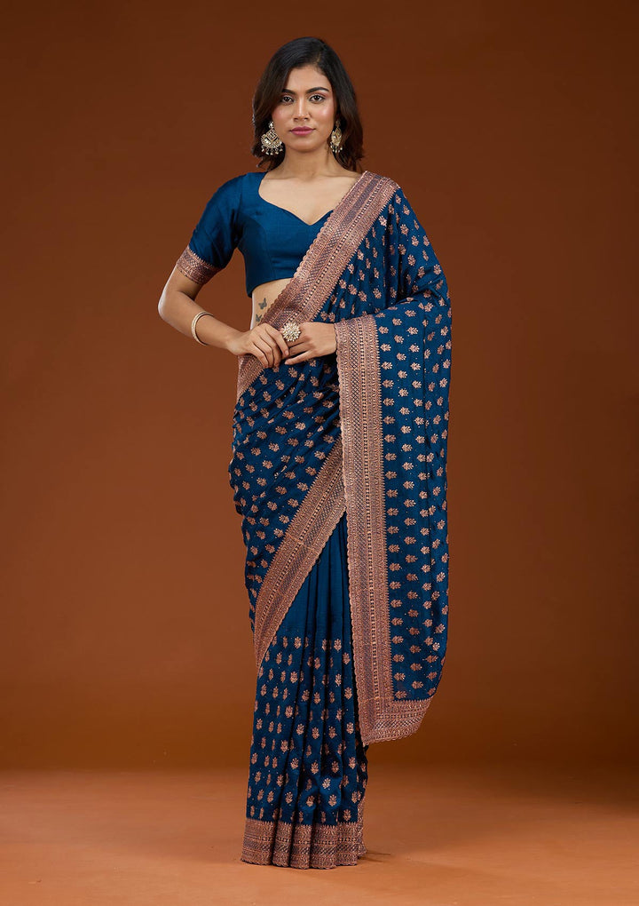 Peacock Blue Zariwork (Antique) Soft Raw Silk Saree_koskii