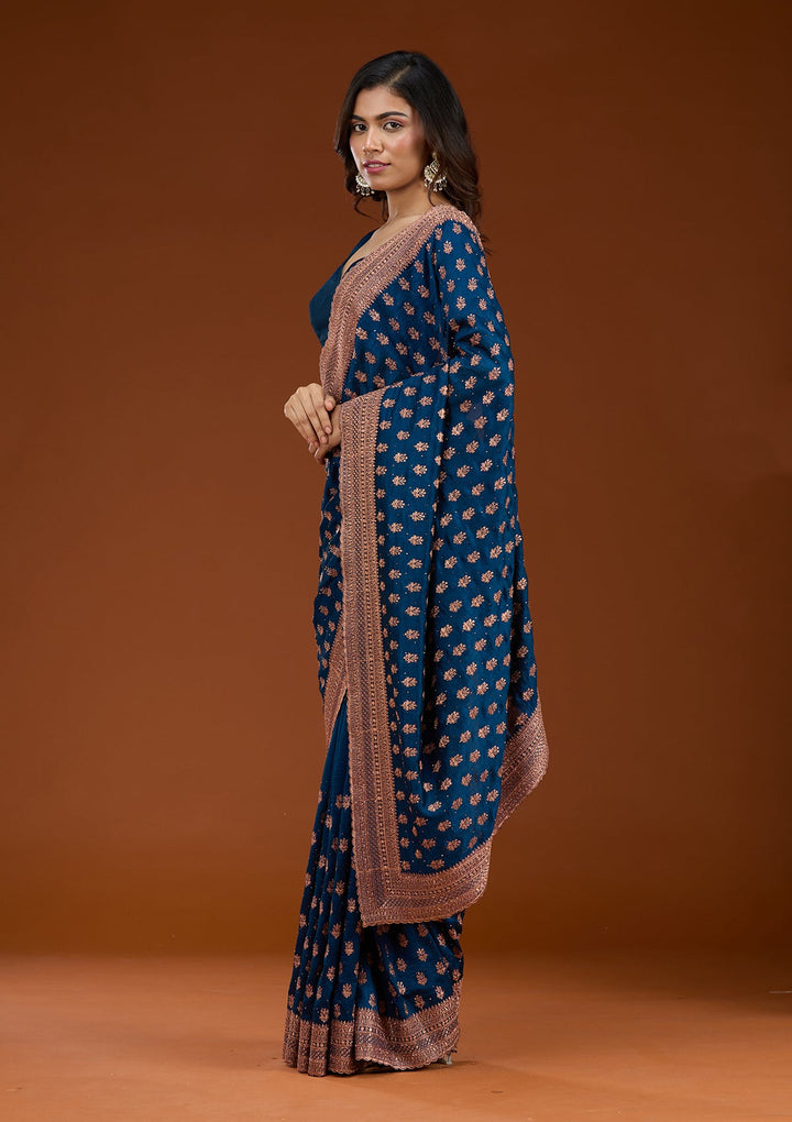 Peacock Blue Zariwork (Antique) Soft Raw Silk Saree_koskii
