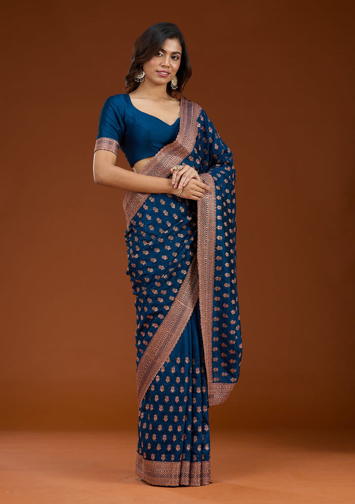 Peacock Blue Zariwork (Antique) Soft Raw Silk Saree_koskii