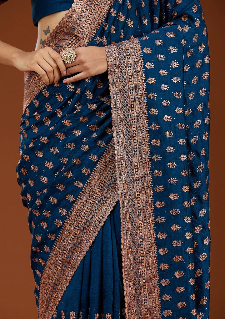 Peacock Blue Zariwork (Antique) Soft Raw Silk Saree_koskii