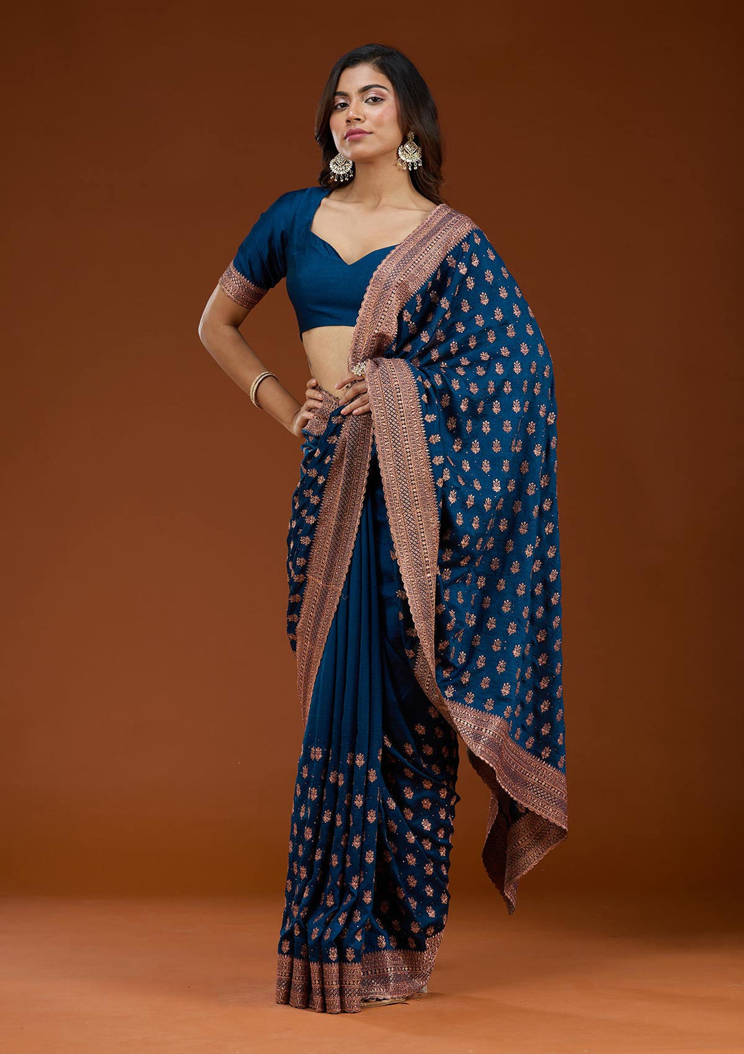 Peacock Blue Zariwork (Antique) Soft Raw Silk Saree_koskii