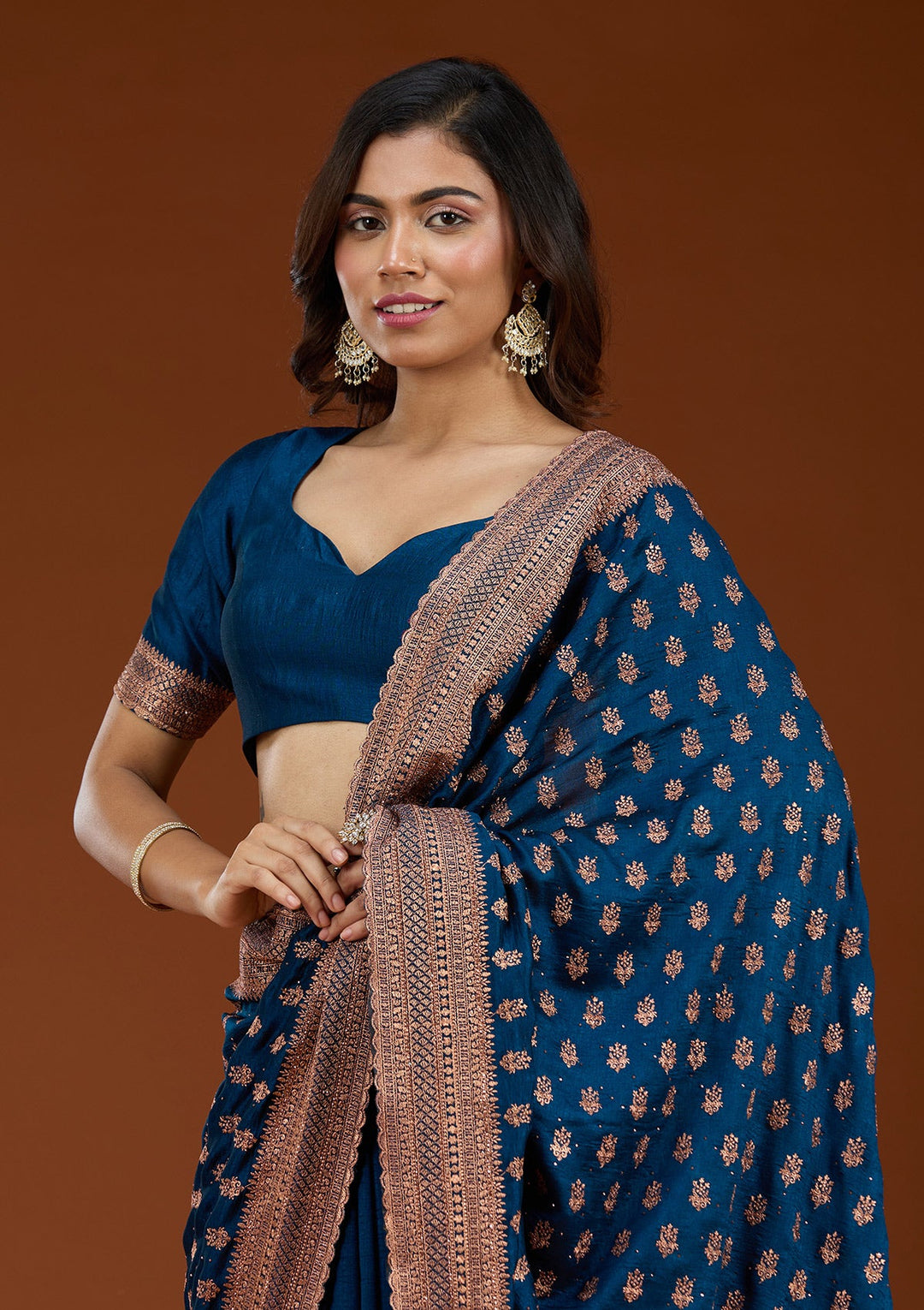Peacock Blue Zariwork (Antique) Soft Raw Silk Saree_koskii