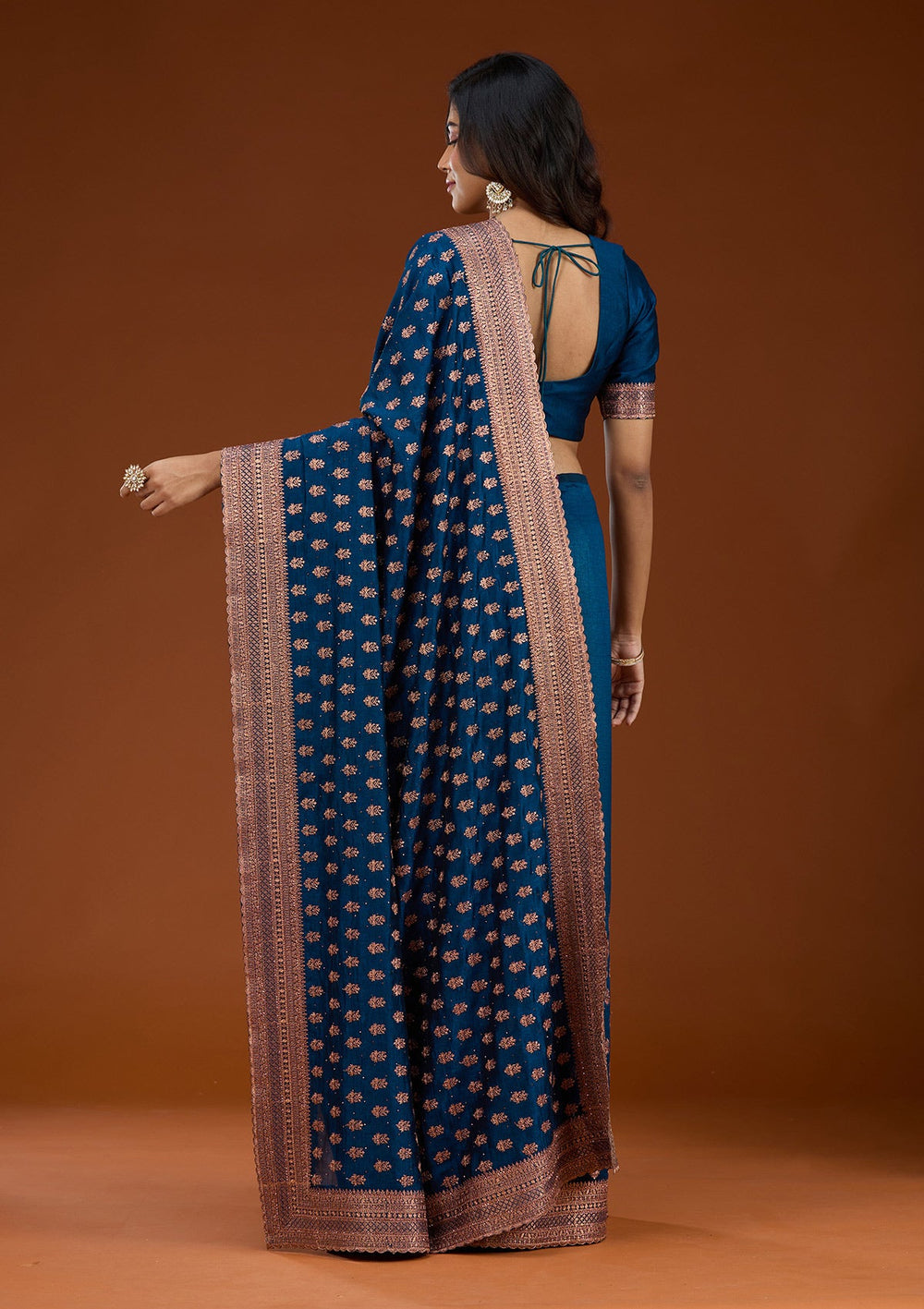 Peacock Blue Zariwork (Antique) Soft Raw Silk Saree_koskii