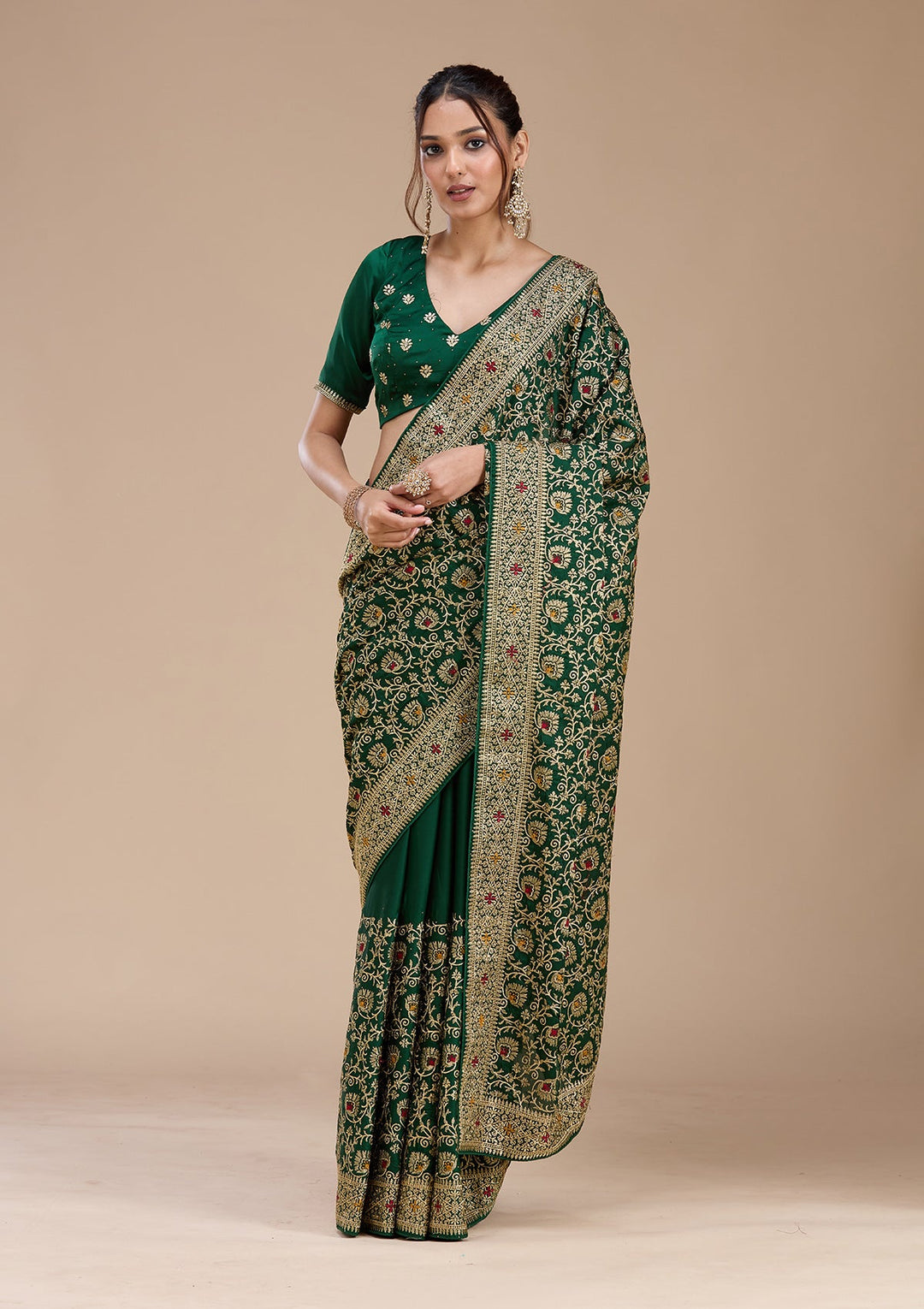 Bottle Green Zariwork (Gold) Soft Raw Silk Saree_koskii
