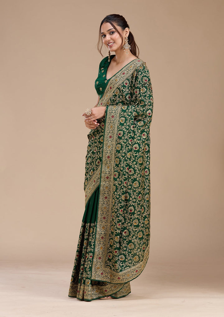 Bottle Green Zariwork (Gold) Soft Raw Silk Saree_koskii