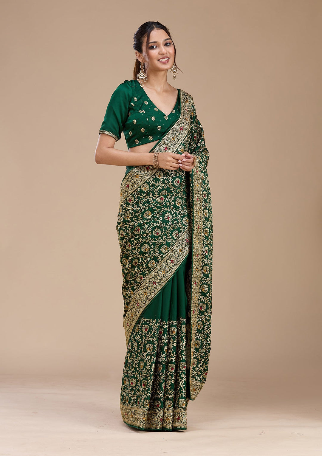 Bottle Green Zariwork (Gold) Soft Raw Silk Saree_koskii