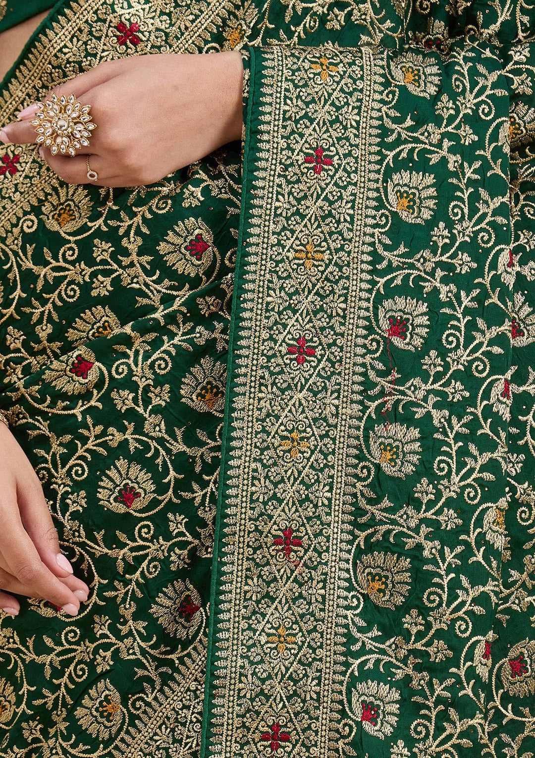 Bottle Green Zariwork (Gold) Soft Raw Silk Saree_koskii