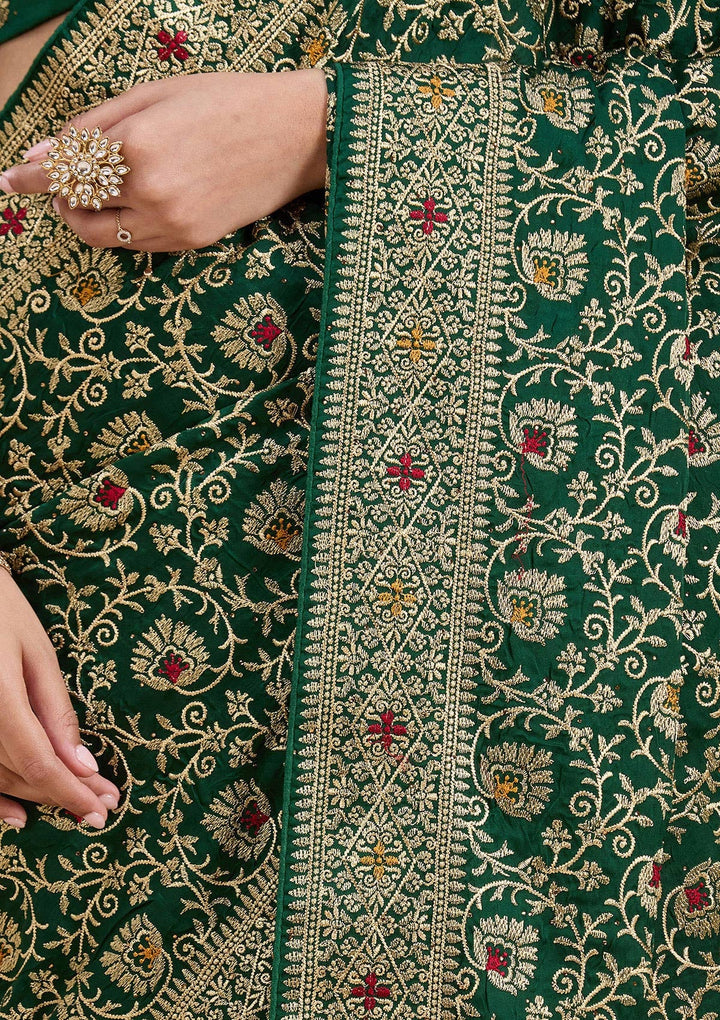 Bottle Green Zariwork (Gold) Soft Raw Silk Saree_koskii