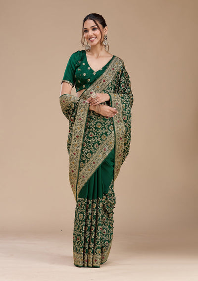 Bottle Green Zariwork (Gold) Soft Raw Silk Saree-koskii
