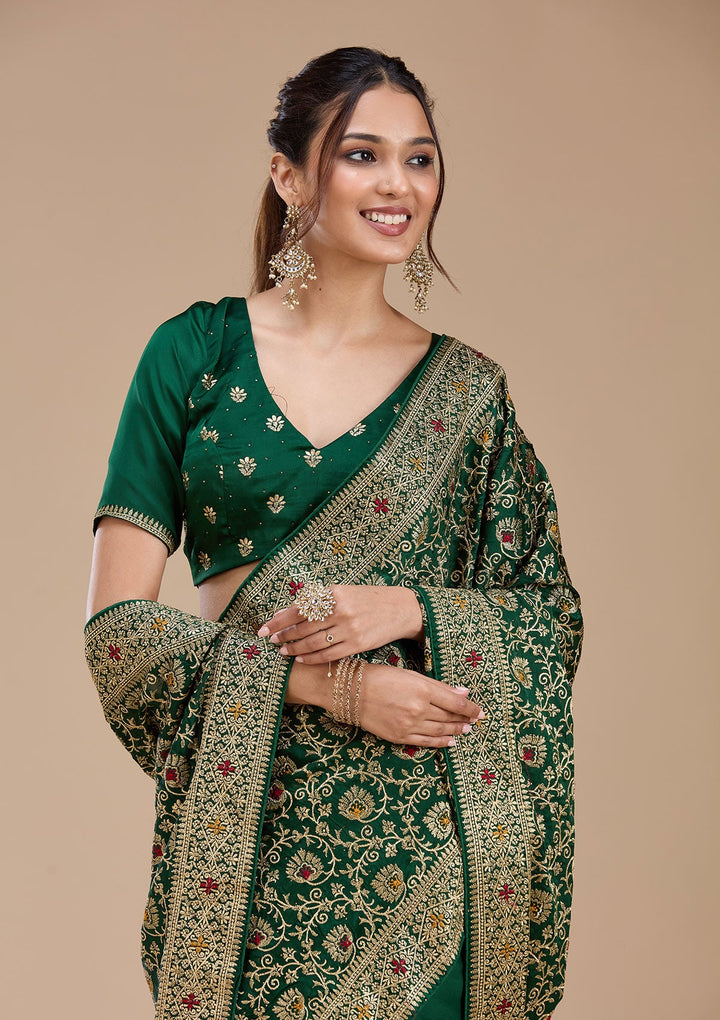 Bottle Green Zariwork (Gold) Soft Raw Silk Saree_koskii