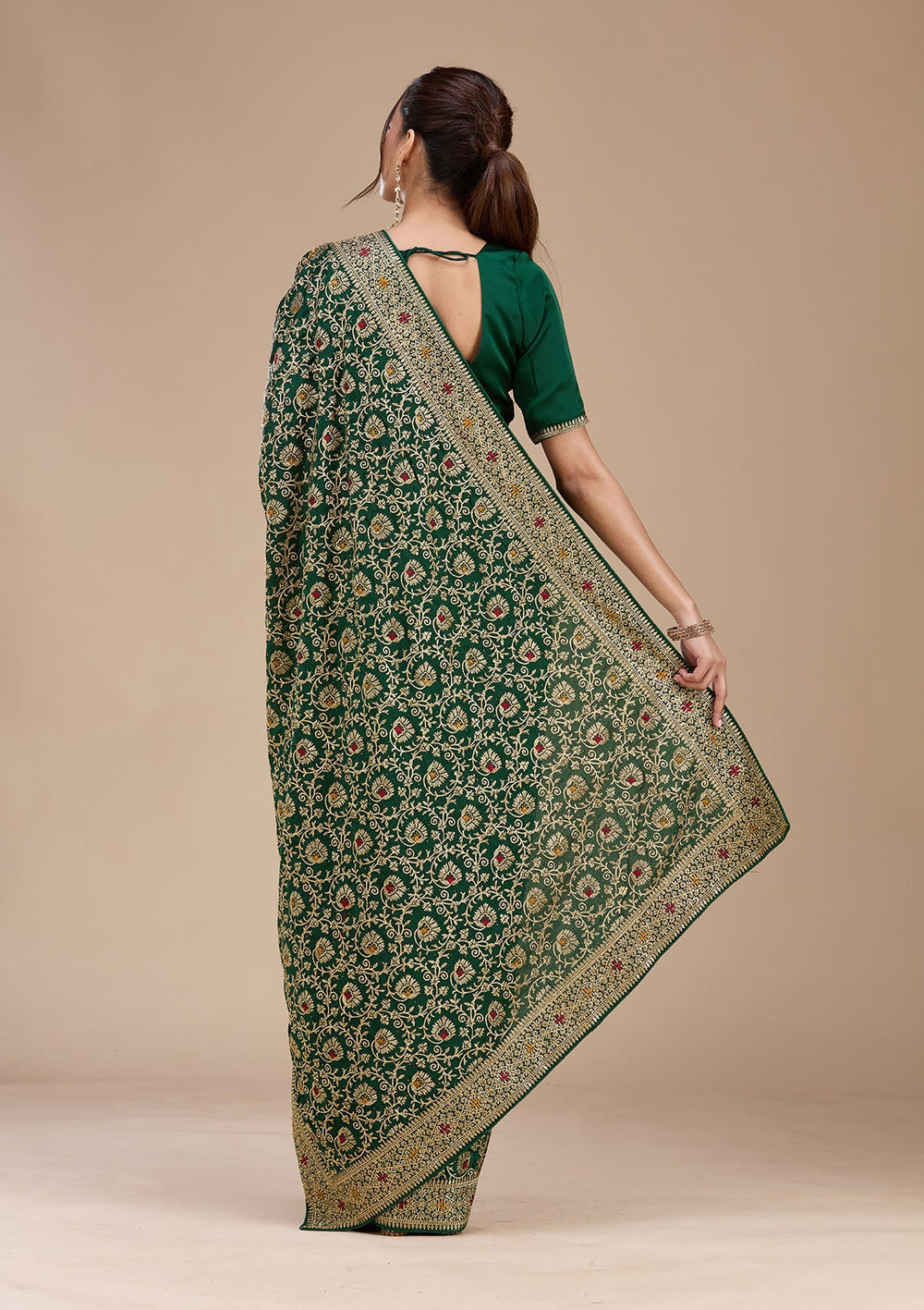 Bottle Green Zariwork (Gold) Soft Raw Silk Saree-koskii