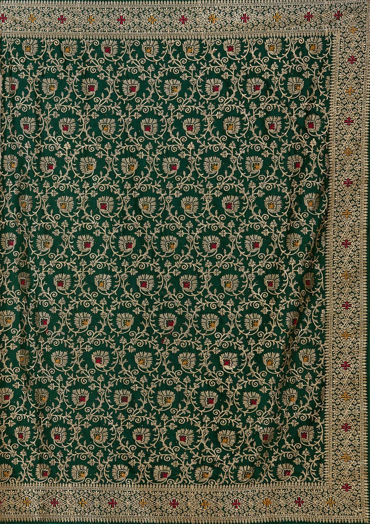 Bottle Green Zariwork (Gold) Soft Raw Silk Saree_koskii