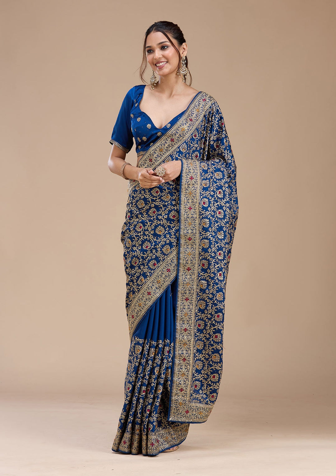 Navy Blue Zariwork (Gold) Soft Raw Silk Saree_koskii