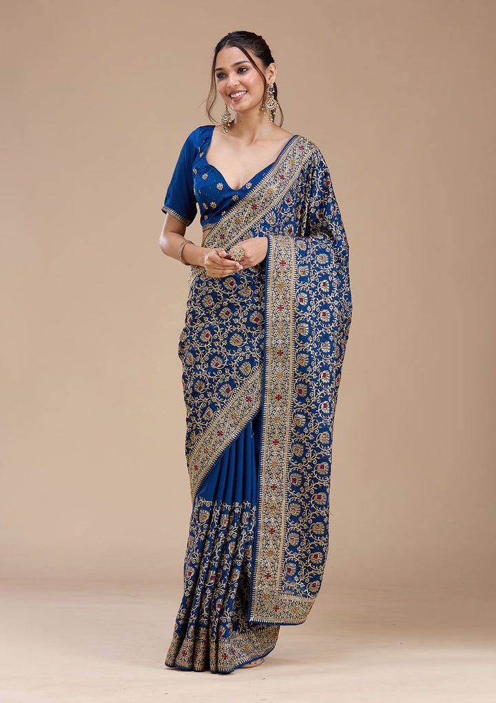 Navy Blue Zariwork (Gold) Soft Raw Silk Saree_koskii