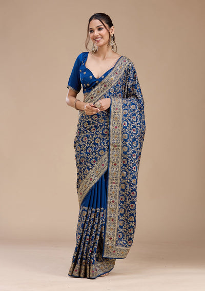Navy Blue Zariwork (Gold) Soft Raw Silk Saree-koskii