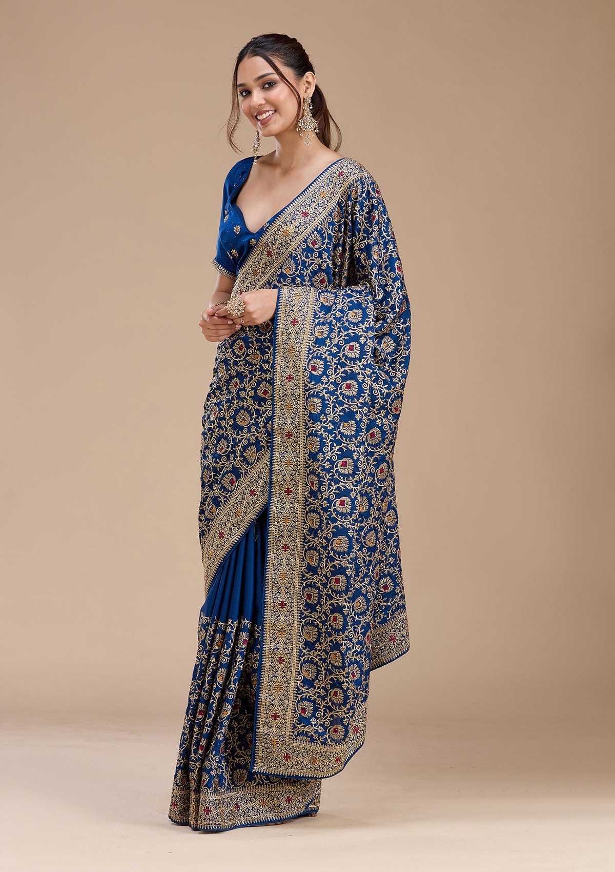 Navy Blue Zariwork (Gold) Soft Raw Silk Saree-koskii