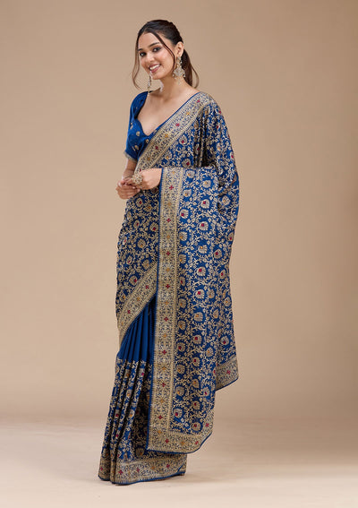 Navy Blue Zariwork (Gold) Soft Raw Silk Saree-koskii