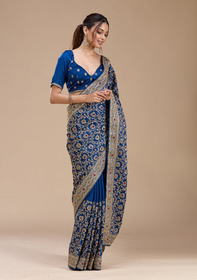 Navy Blue Zariwork (Gold) Soft Raw Silk Saree-koskii
