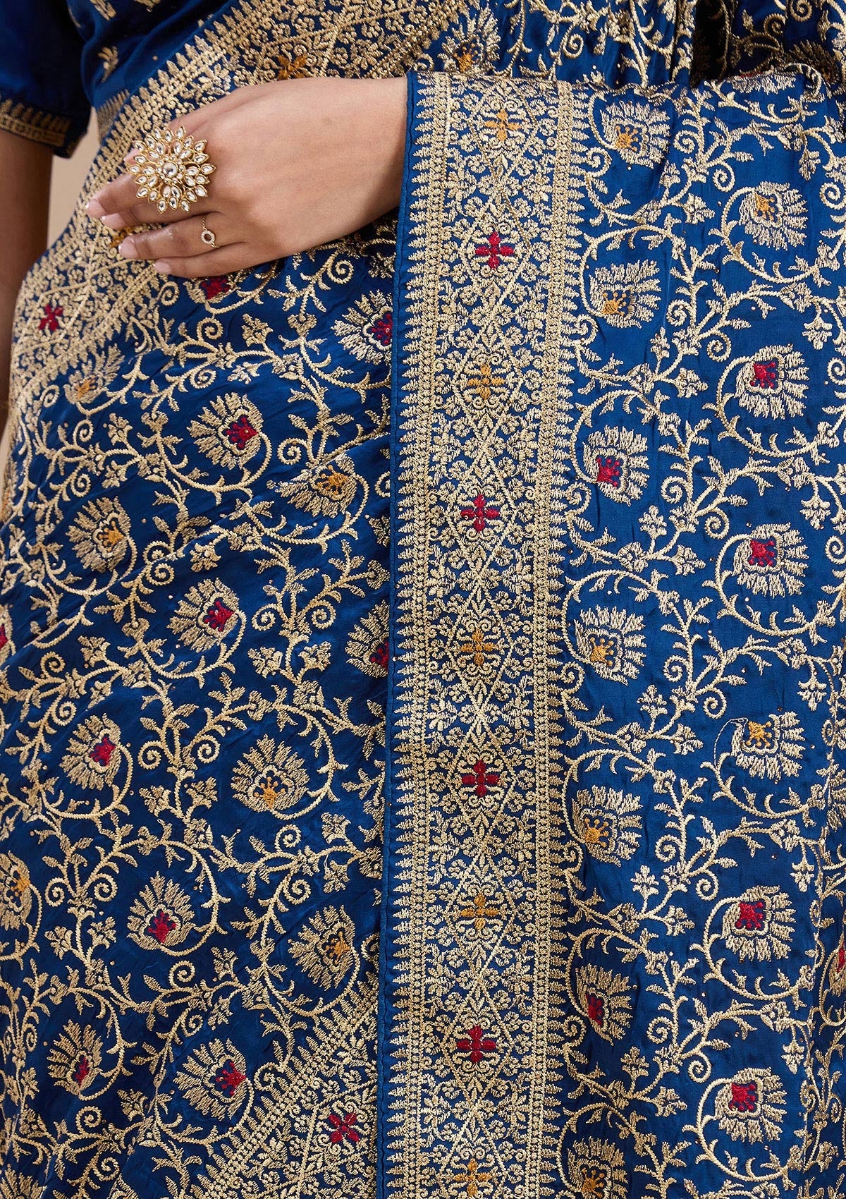 Navy Blue Zariwork (Gold) Soft Raw Silk Saree-koskii