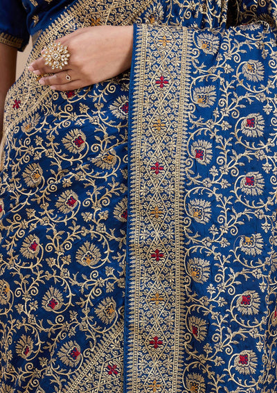 Navy Blue Zariwork (Gold) Soft Raw Silk Saree-koskii