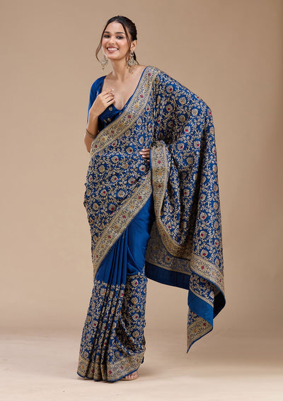 Navy Blue Zariwork (Gold) Soft Raw Silk Saree-koskii