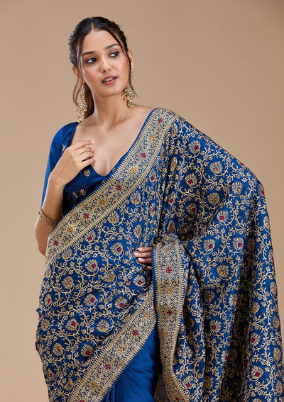 Navy Blue Zariwork (Gold) Soft Raw Silk Saree-koskii
