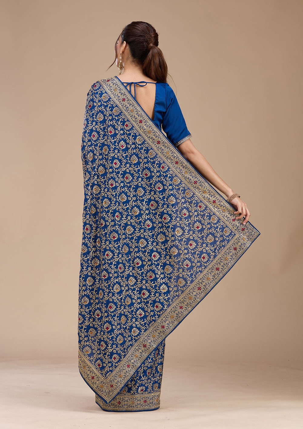 Navy Blue Zariwork (Gold) Soft Raw Silk Saree-koskii