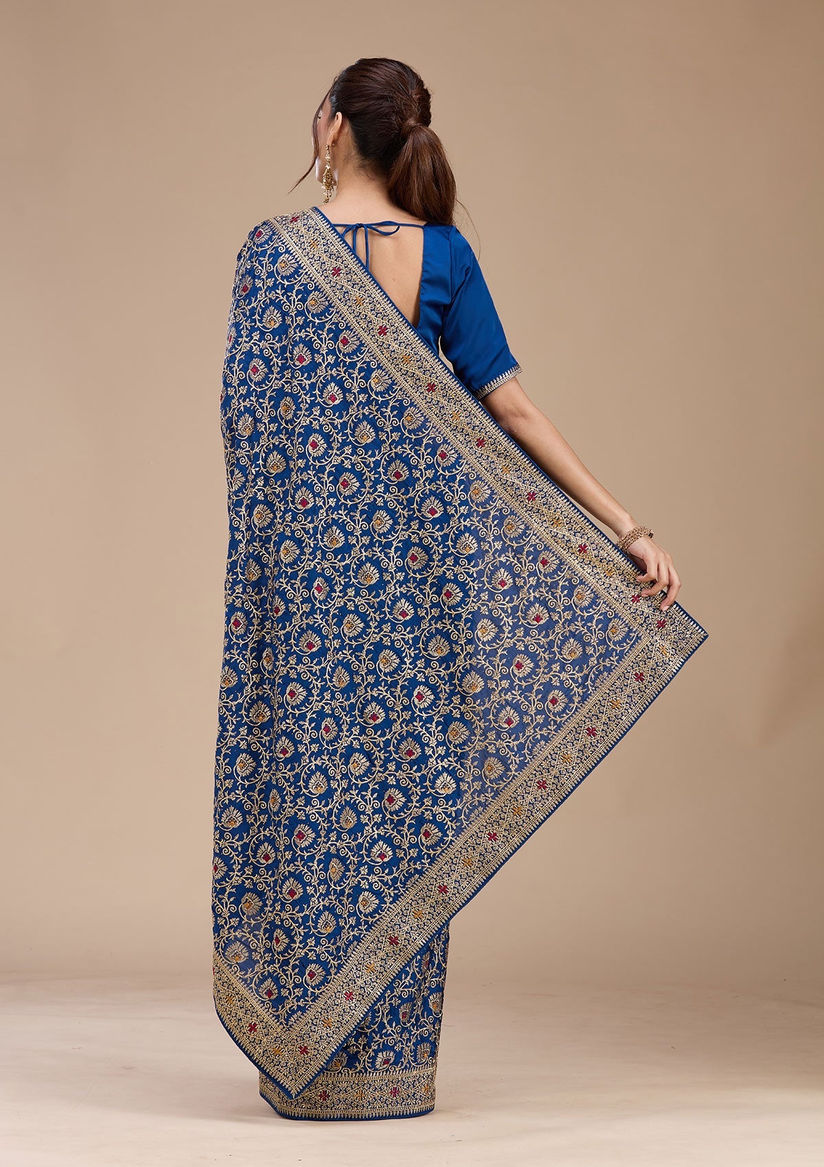 Navy Blue Zariwork (Gold) Soft Raw Silk Saree-koskii