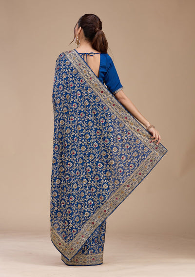 Navy Blue Zariwork (Gold) Soft Raw Silk Saree-koskii