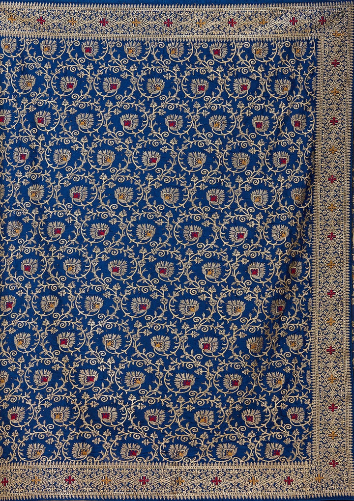 Navy Blue Zariwork (Gold) Soft Raw Silk Saree_koskii