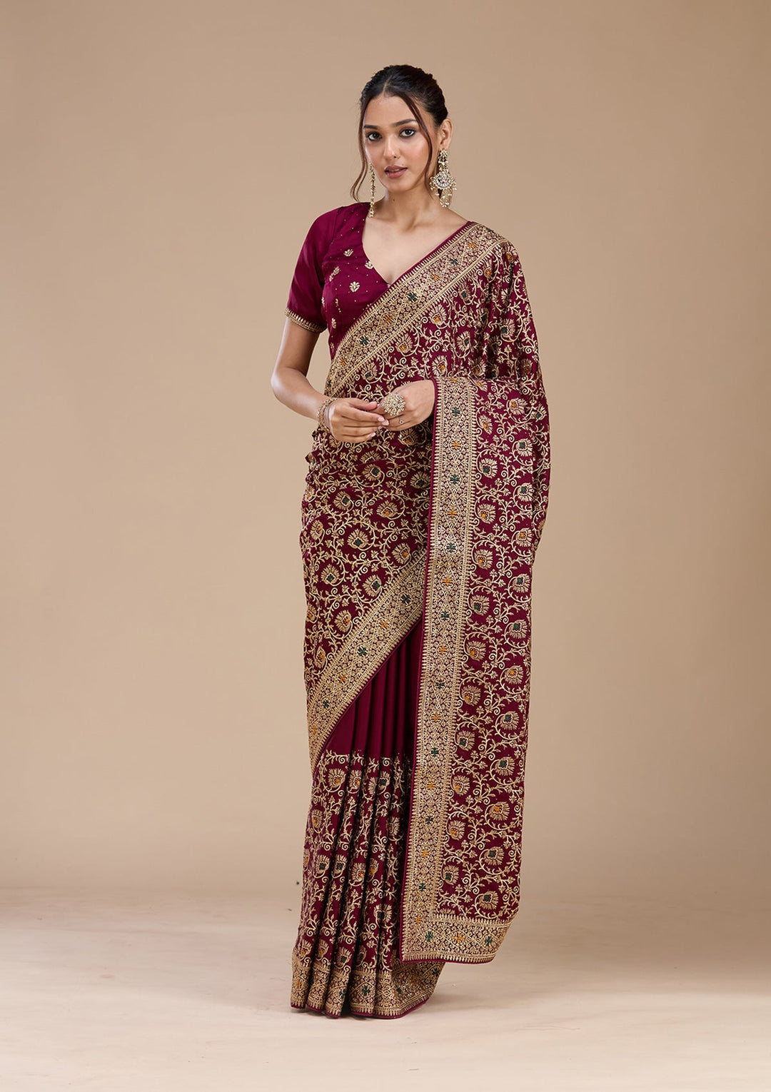 Wine Zariwork (Gold) Soft Raw Silk Saree_koskii