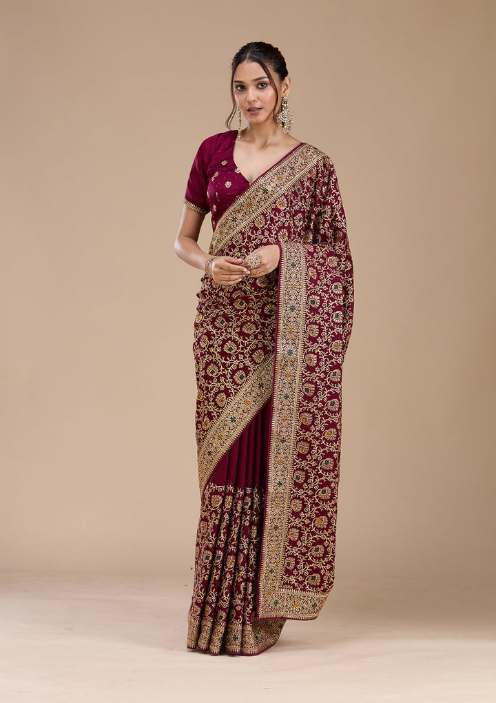 Wine Zariwork (Gold) Soft Raw Silk Saree_koskii